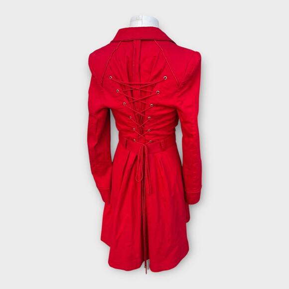 Elevenses Pansy Red Corset Back Lace Up Pleated Belted Trench Coat Women's sz 12 - Picture 4 of 15